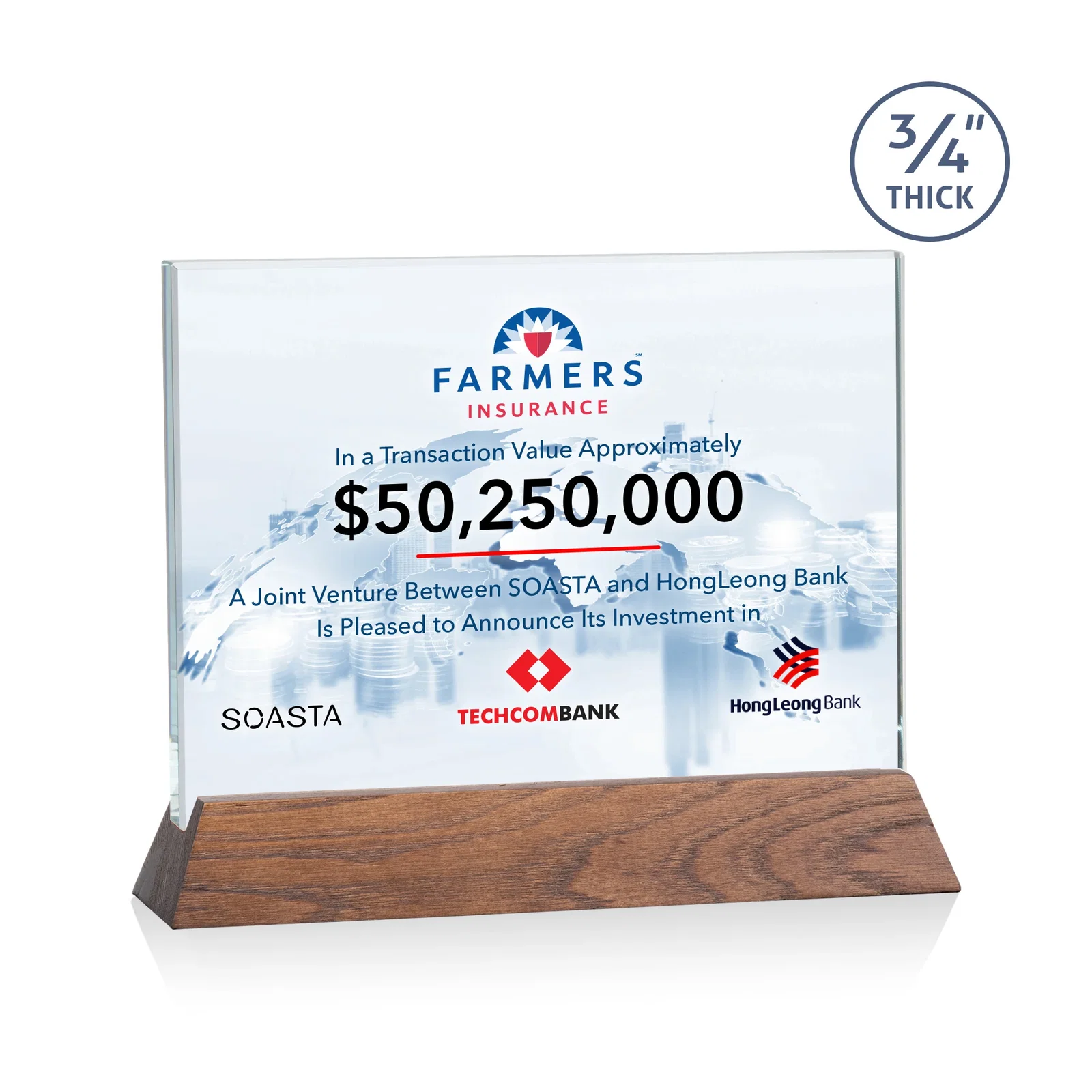 Branded Starfire Crystal Rectangular Award on Piano-Finish Wood Base for retirement presentations