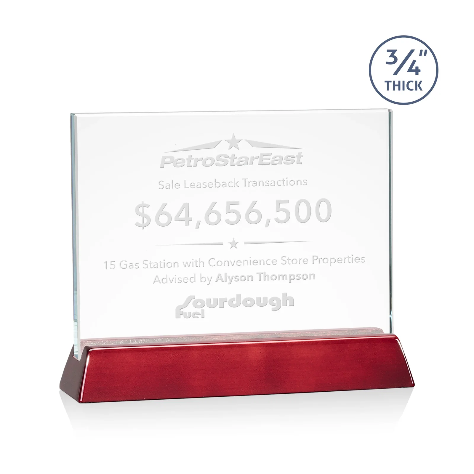 Custom Starfire Crystal Rectangular Award on Piano-Finish Wood Base for retirement presentations