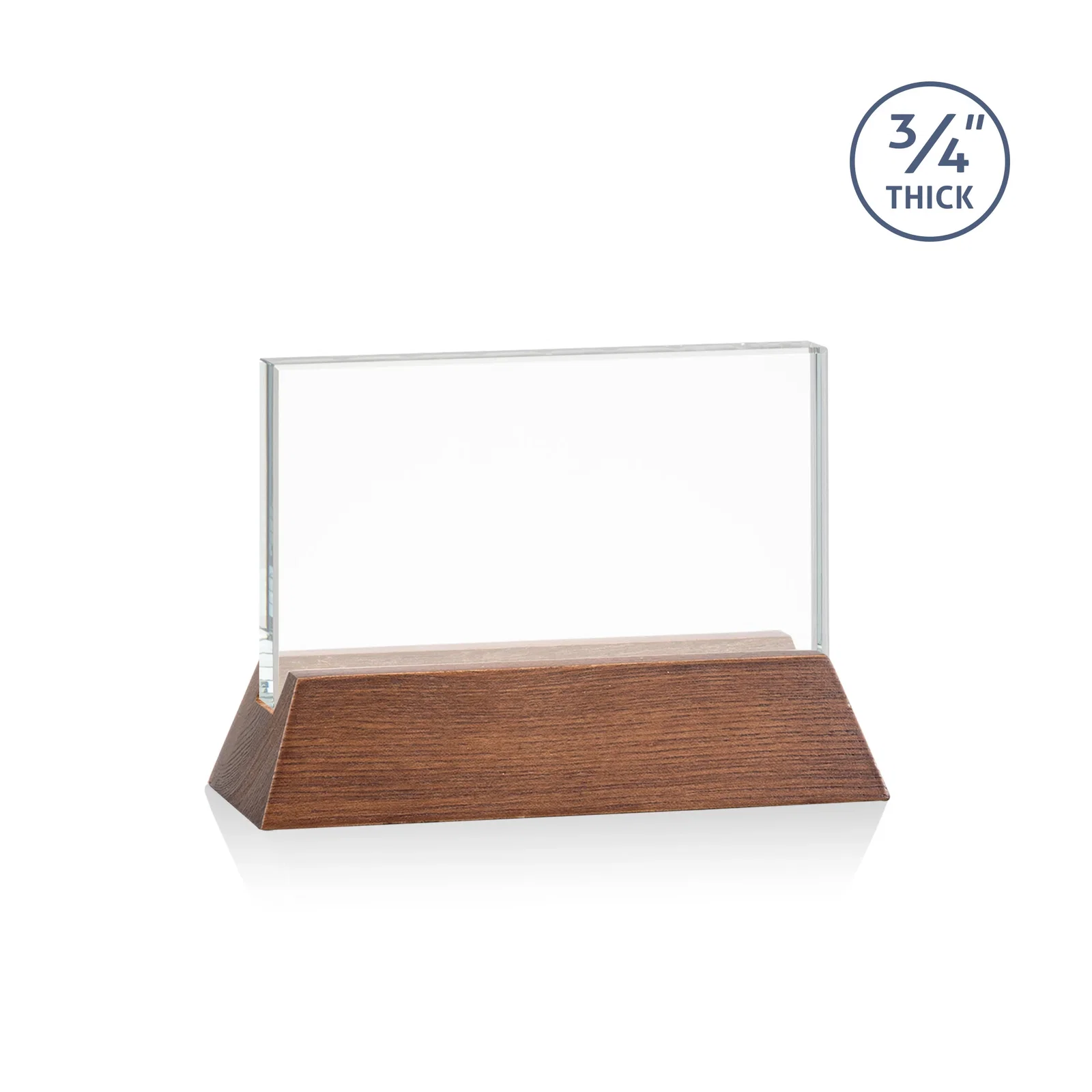 Custom printed Starfire Crystal Rectangular Award on Piano-Finish Wood Base for team milestone celebrations