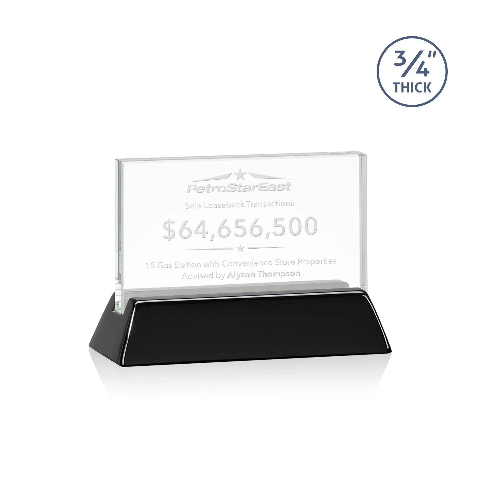 Custom Starfire Crystal Rectangular Award on Piano-Finish Wood Base for graduation ceremonies