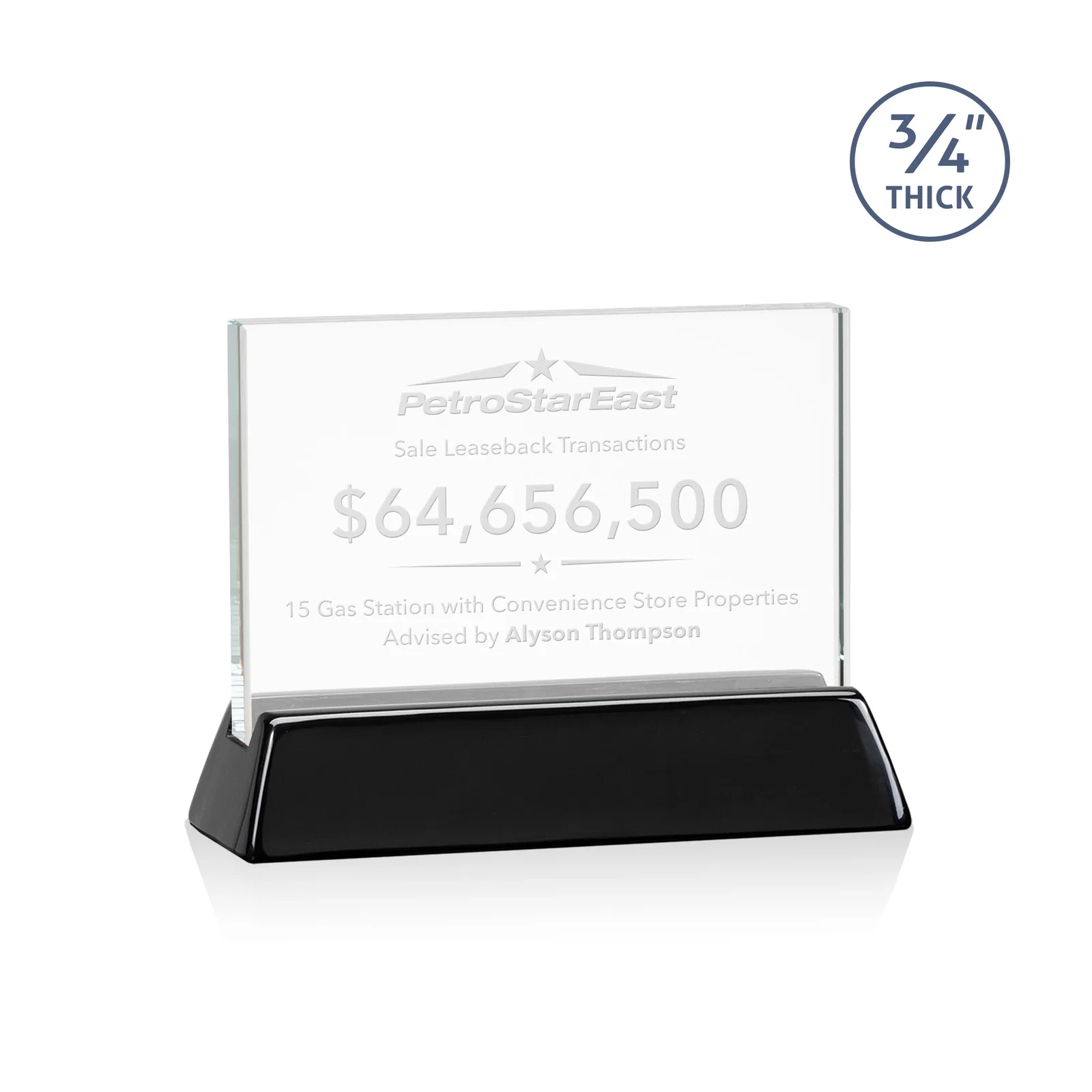 Custom Starfire Crystal Rectangular Award on Piano-Finish Wood Base for safety achievement programs