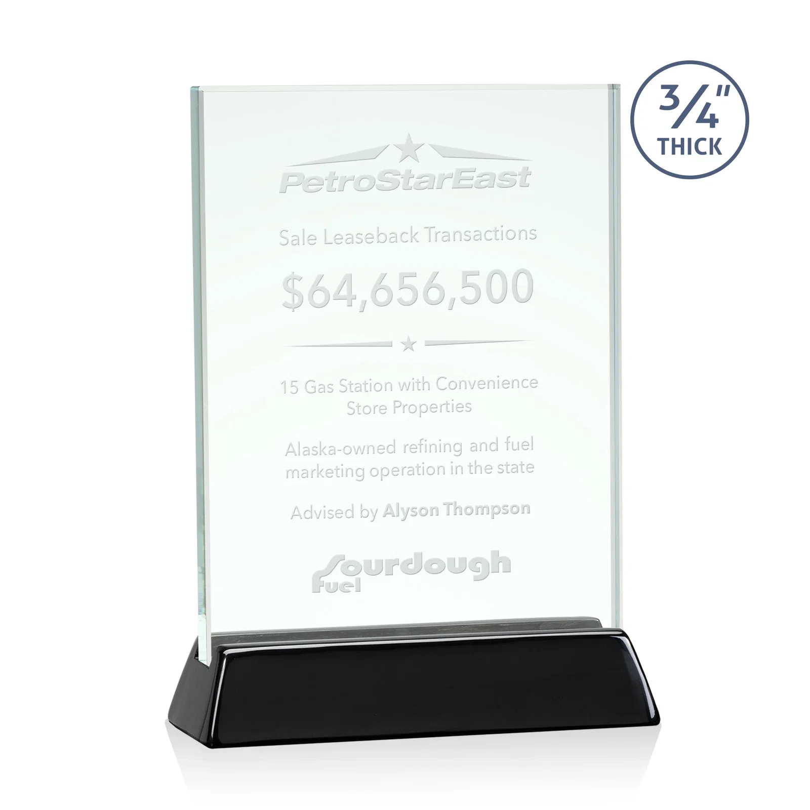 Custom Jade or Starfire Glass Vertical Award on a Rosewood or Black Base for dealer and partner awards