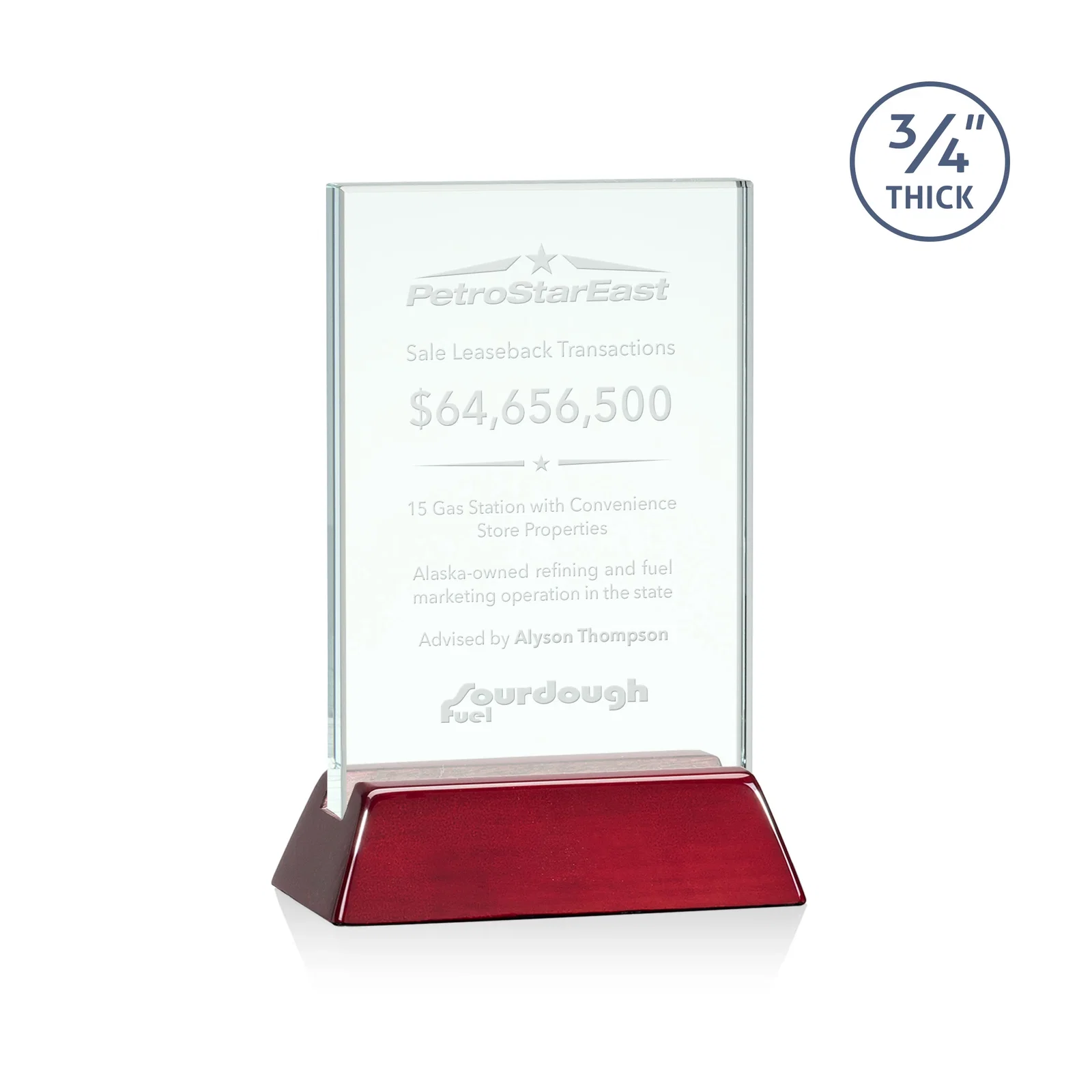 Custom Jade or Starfire Glass Vertical Award on a Rosewood or Black Base for service anniversary gifts