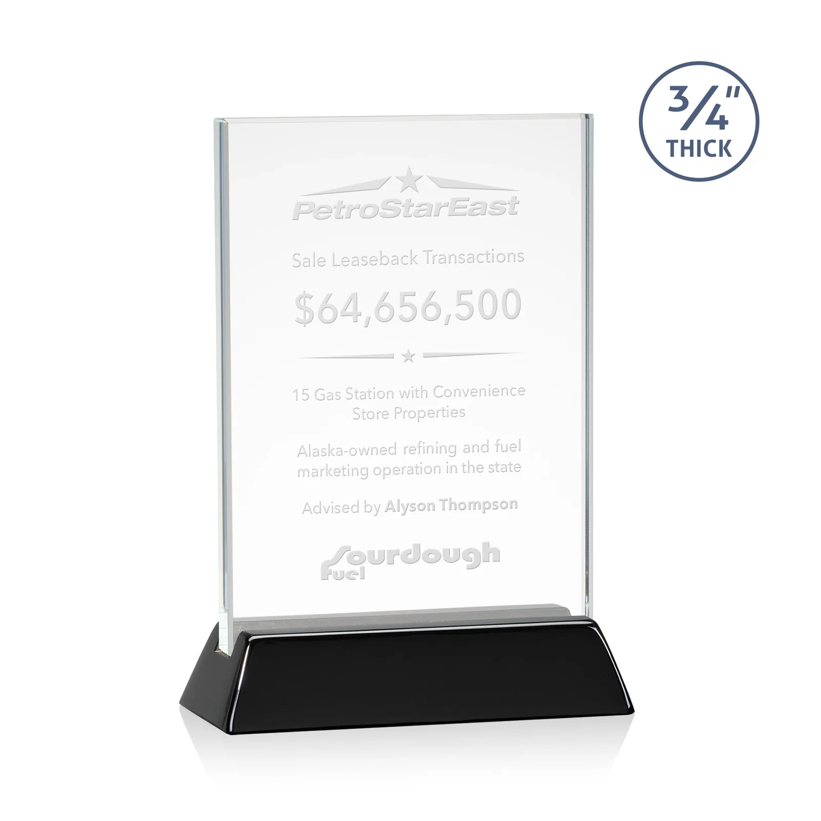 Custom Starfire Crystal Vertical Award on High-Gloss Piano Rosewood Base for volunteer appreciation