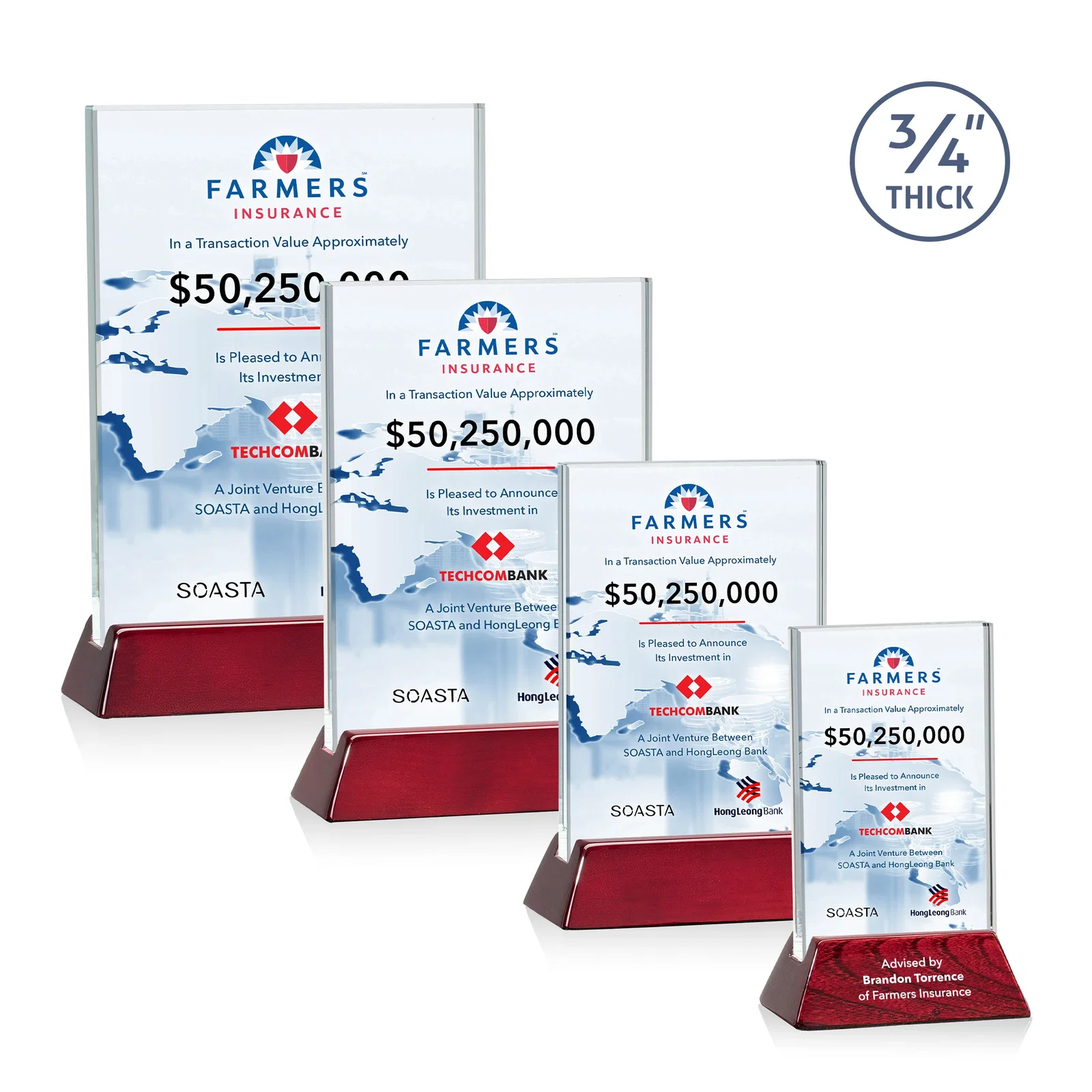 Custom Starfire Crystal Vertical Award on High-Gloss Piano Rosewood Base for company anniversary events