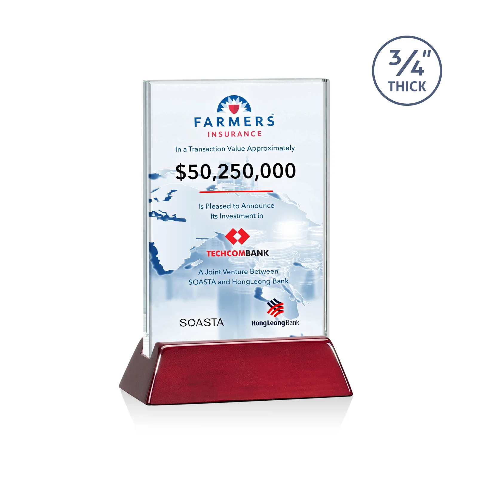 Personalized Starfire Crystal Vertical Award on High-Gloss Piano Rosewood Base for corporate award ceremonies