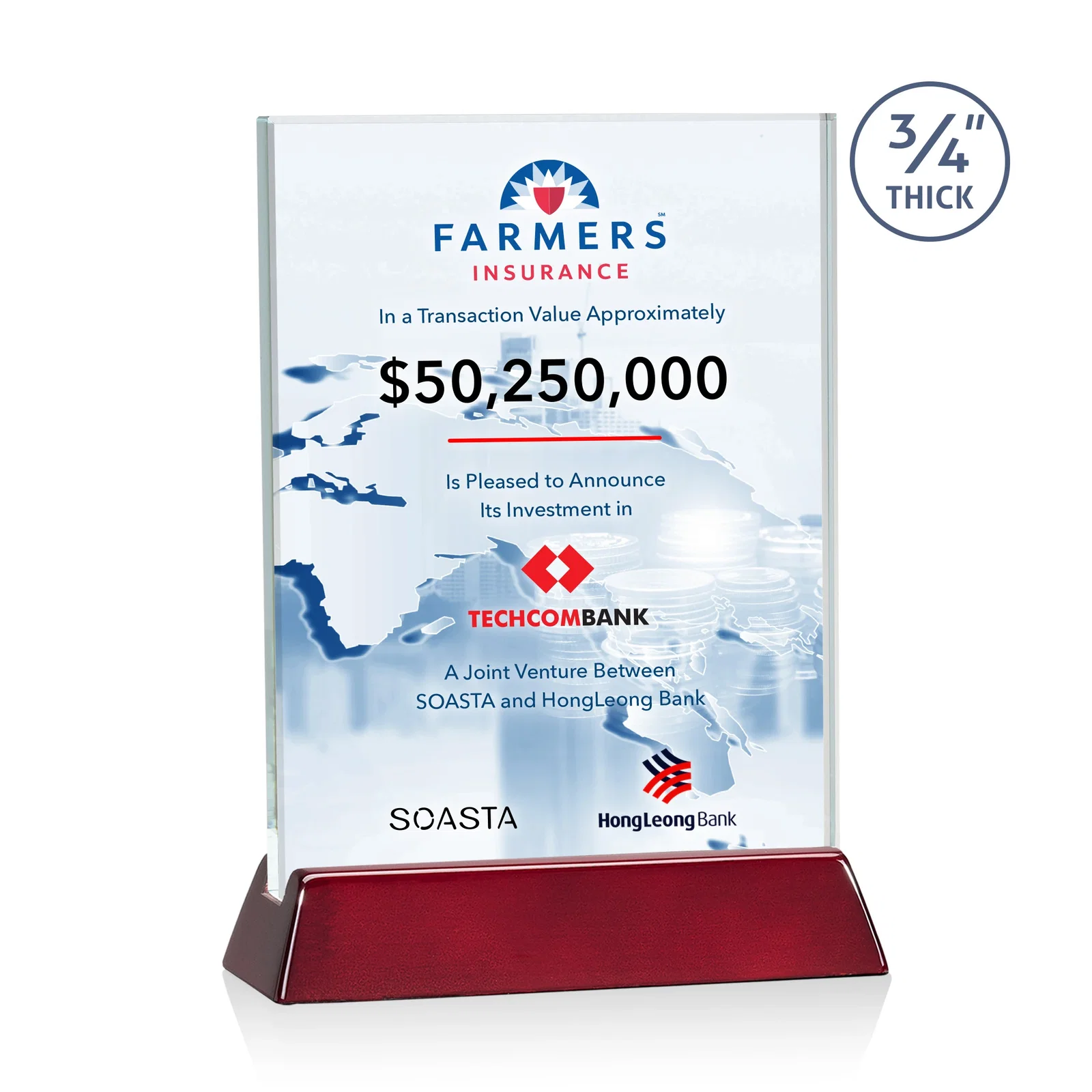 Personalized Starfire Crystal Vertical Award on High-Gloss Piano Rosewood Base for sales achievement awards