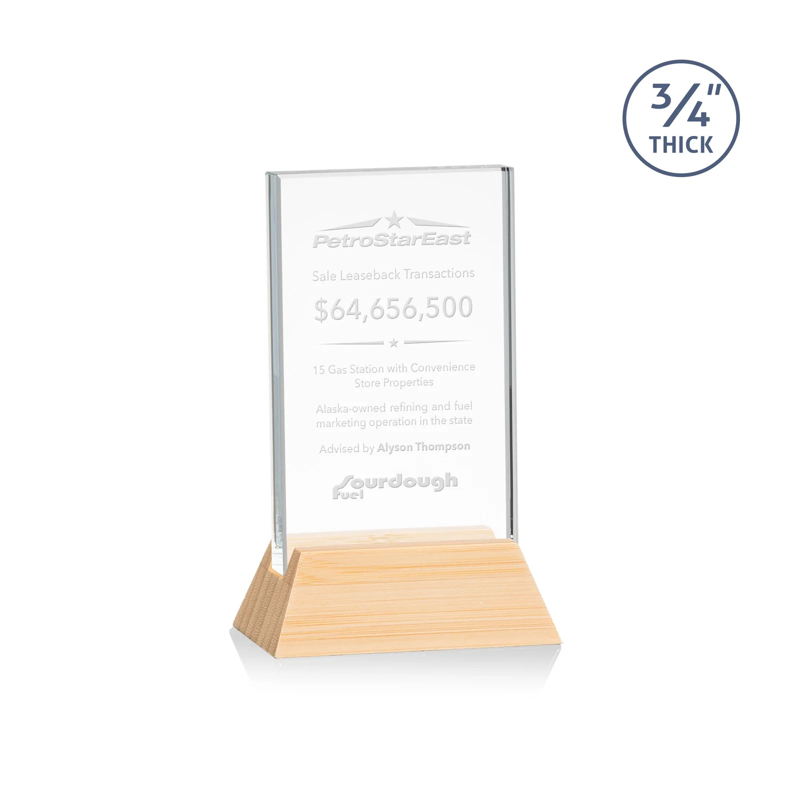 Personalized Starfire Crystal Vertical Award on High-Gloss Piano Rosewood Base for dealer and partner awards
