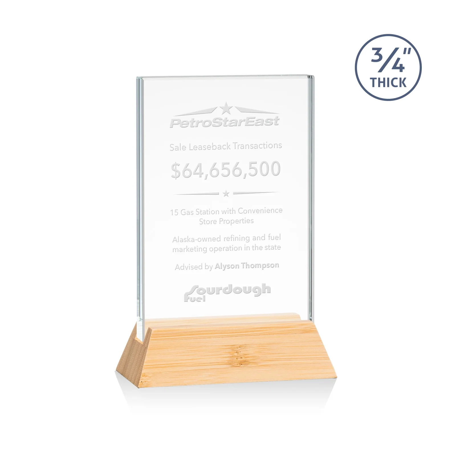 Personalized Starfire Crystal Vertical Award on High-Gloss Piano Rosewood Base for company anniversary events