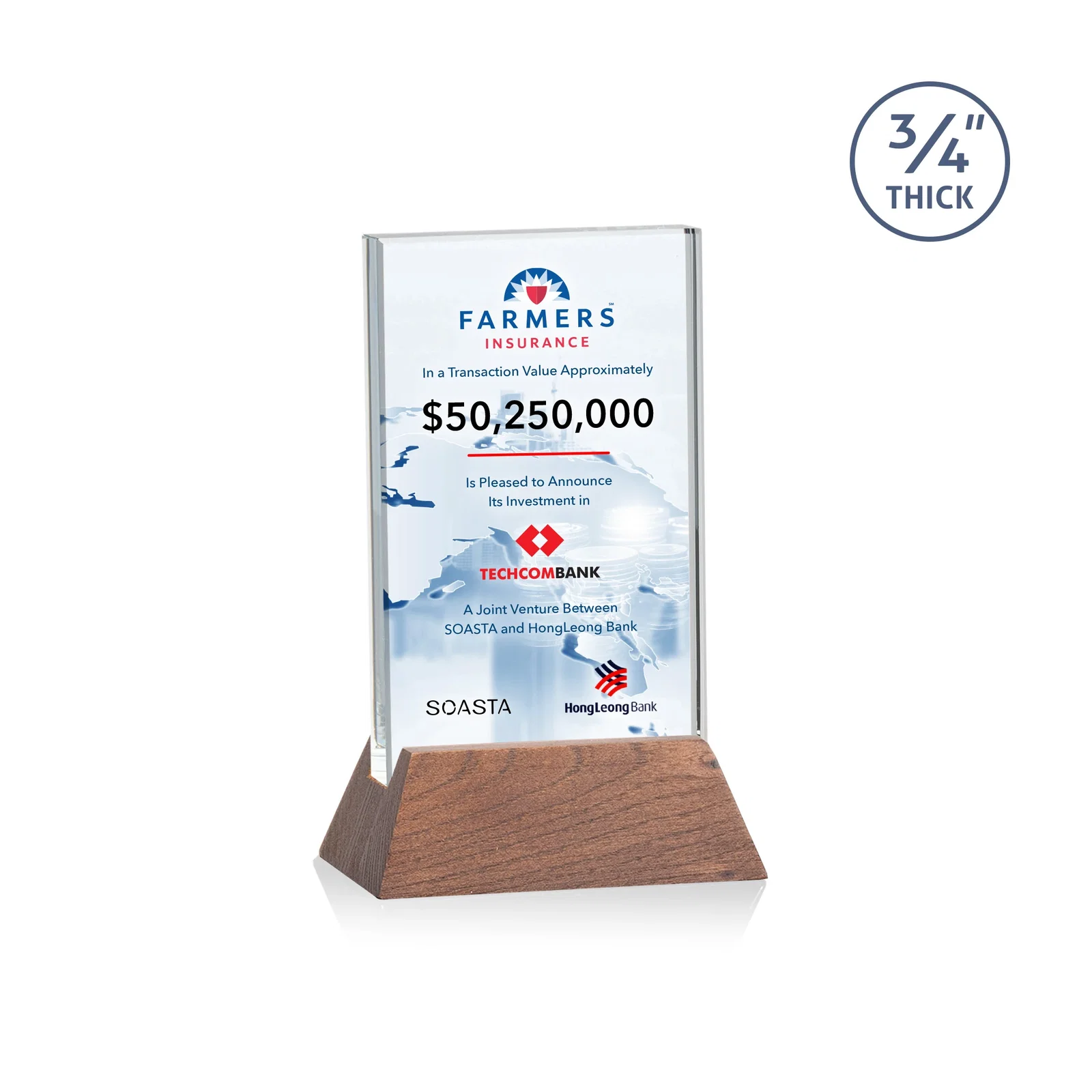 Branded Starfire Crystal Vertical Award on High-Gloss Piano Rosewood Base for corporate award ceremonies