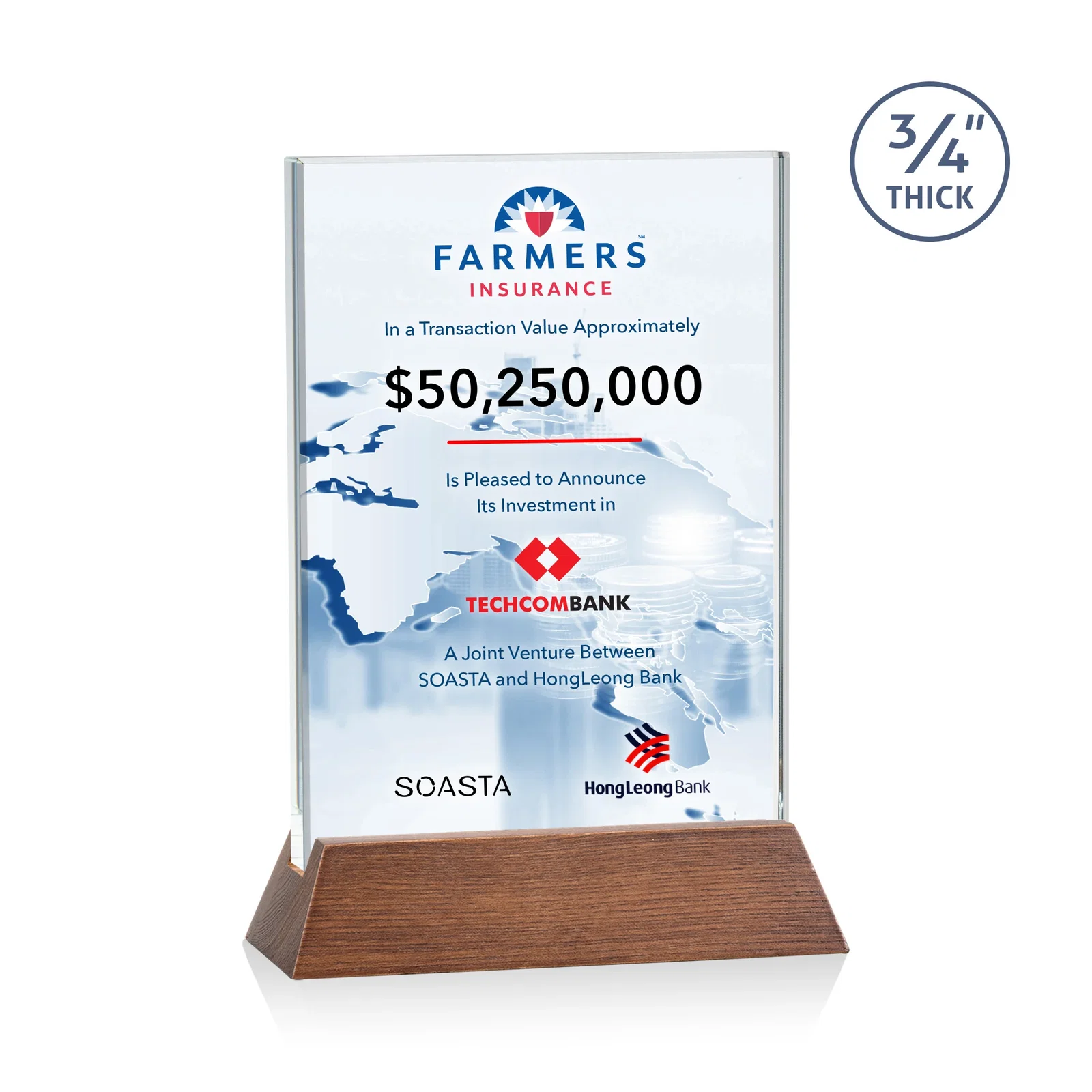 Branded Starfire Crystal Vertical Award on High-Gloss Piano Rosewood Base for sales achievement awards