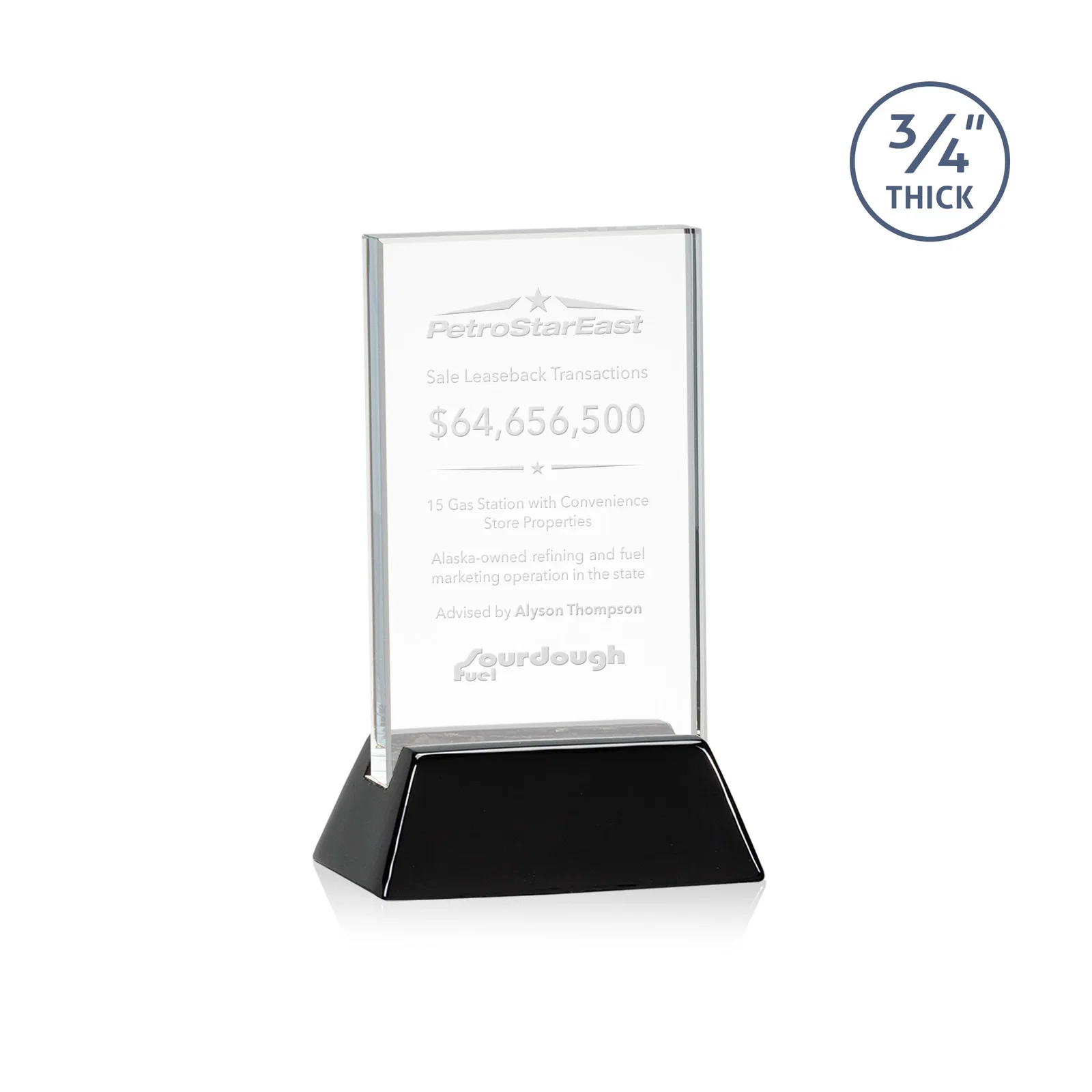 Custom Starfire Crystal Vertical Award on High-Gloss Piano Rosewood Base for graduation ceremonies
