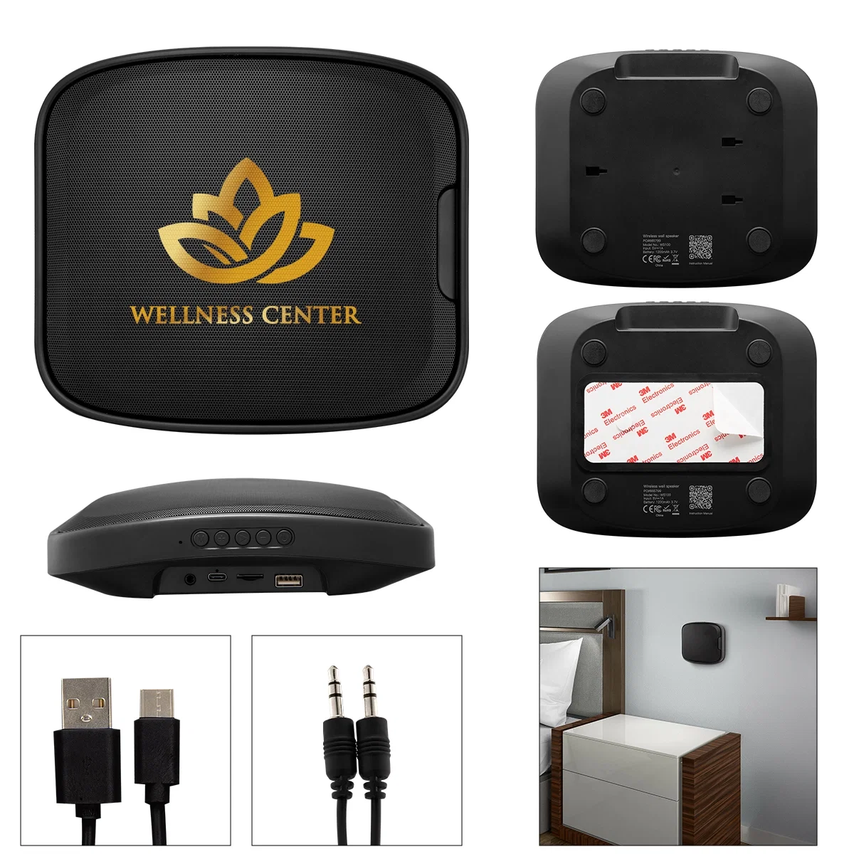 Black wall mount wireless speaker shown from the front