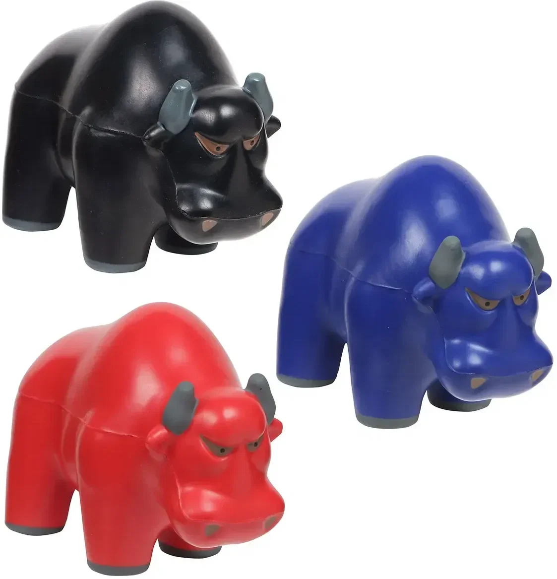 Custom Wall Street charging bull promotional stress reliever squeeze toy, front view with logo area