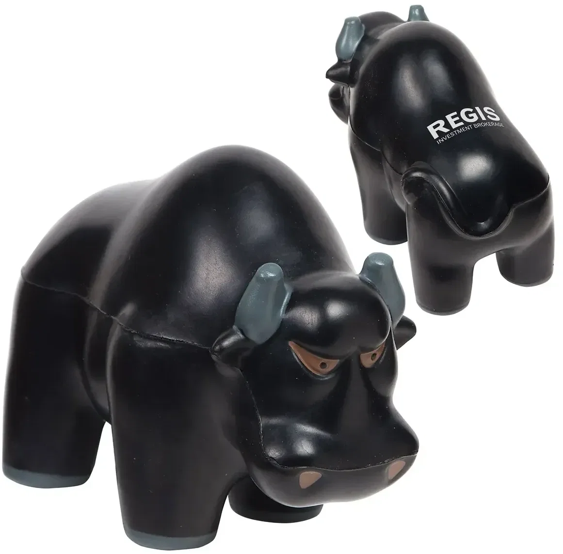 Branded charging bull stress reliever squeeze toy, side profile detail for finance firm giveaways