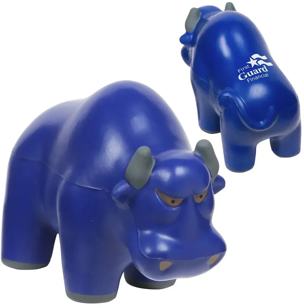 Branded Wall Street bull stress reliever, angled back view of the promotional squeeze toy