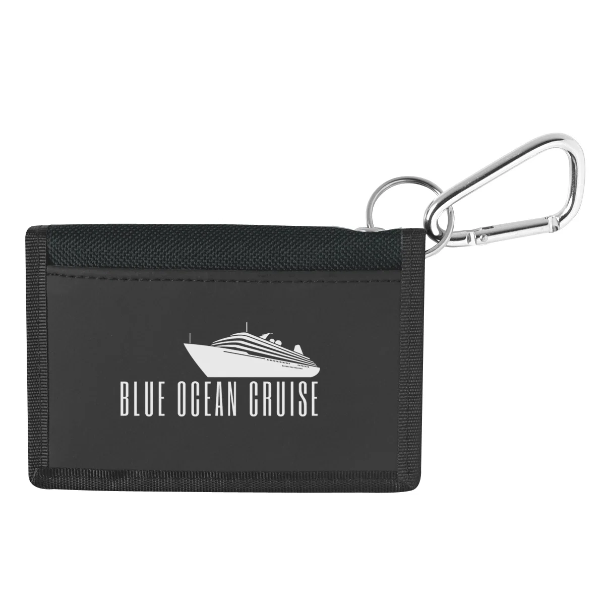 Compact wallet with a metal carabiner clipped to the top