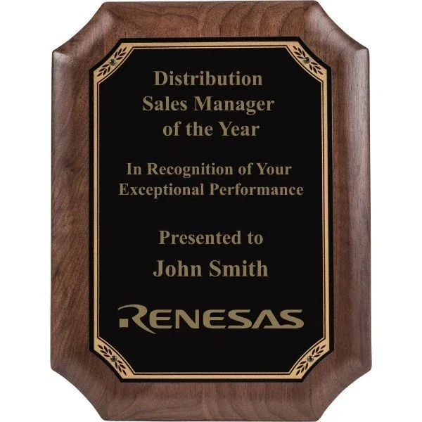 Walnut notched-corner award plaque with lasered black plate and gold-black border