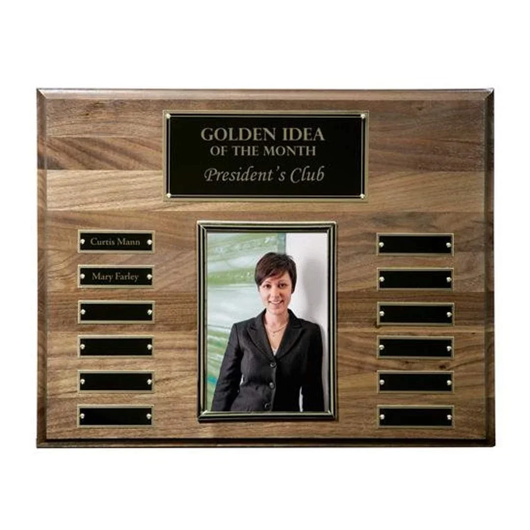Custom American Walnut Photo Plaque With Monthly Swap-In Plates for employee recognition