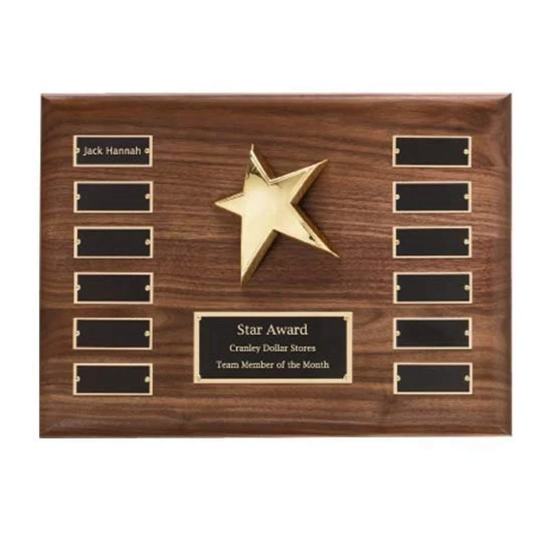 Custom Cast Metal Star Perpetual Plaque On American Walnut for employee recognition