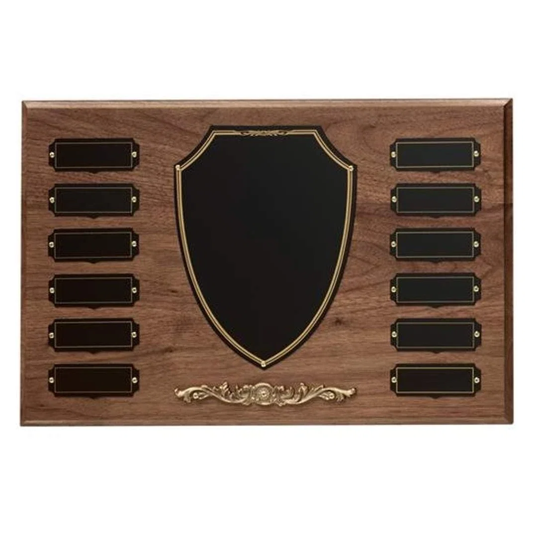 Custom American Walnut Perpetual Plaque With Raised Shield Emblem for employee recognition