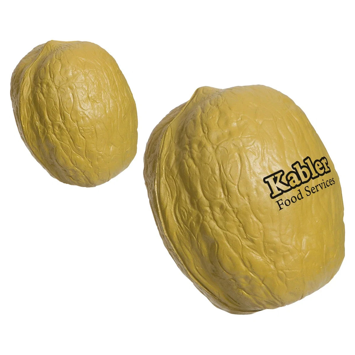 Walnut shaped stress reliever with a round pad-printed front imprint