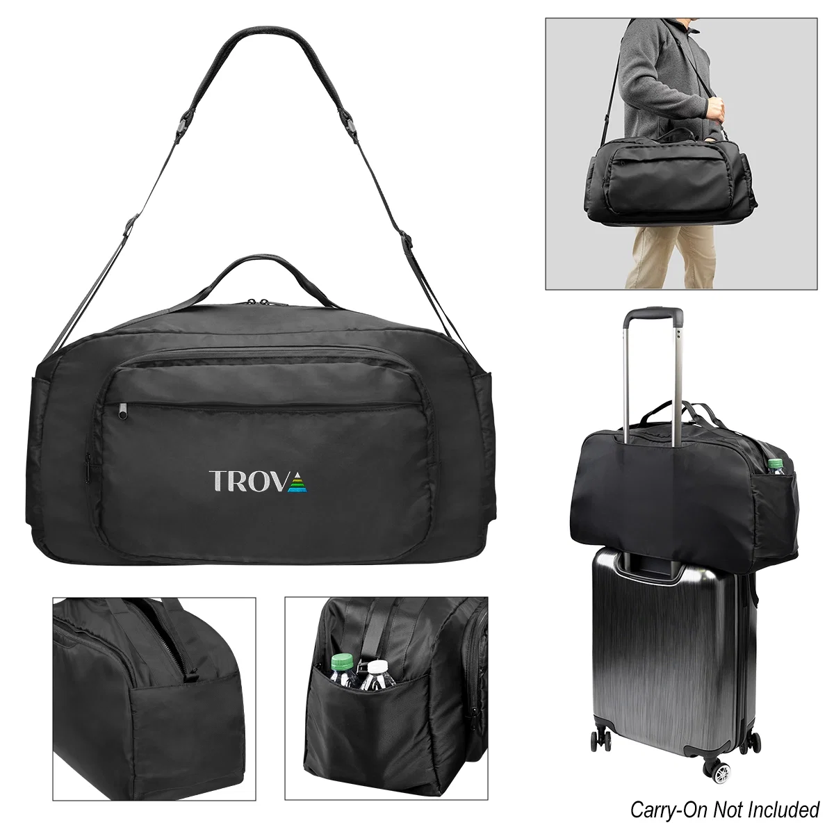 Black duffel bag shown from the side with handles up