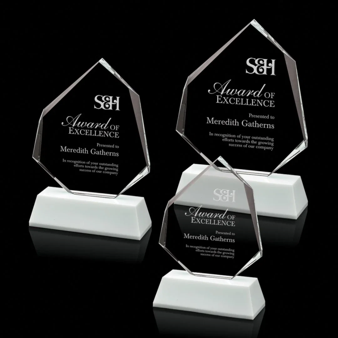 Custom Optical Crystal Polygon Award with Clear White or Black Base, awards for employee recognition