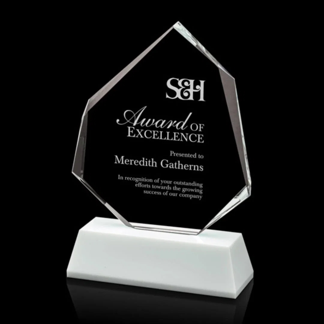 Custom Optical Crystal Polygon Award with Clear White or Black Base, awards for service anniversary gifts