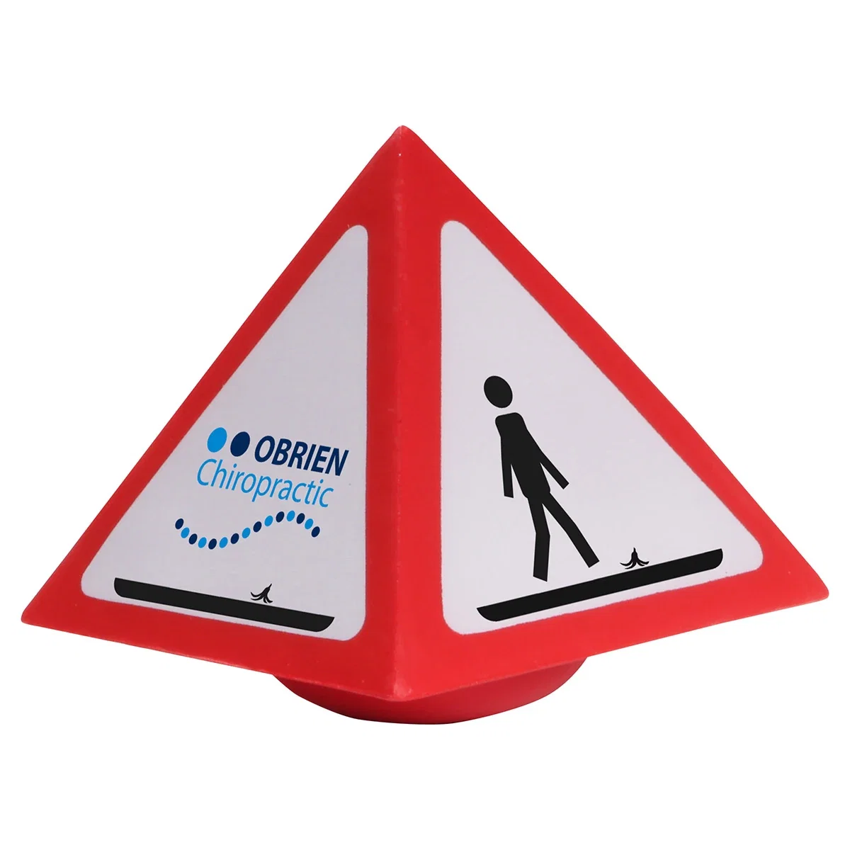 Warning sign-shaped wobbler stress reliever with a pad-printed logo panel