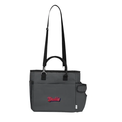 Black sixteen-can cooler tote made from recycled polyester