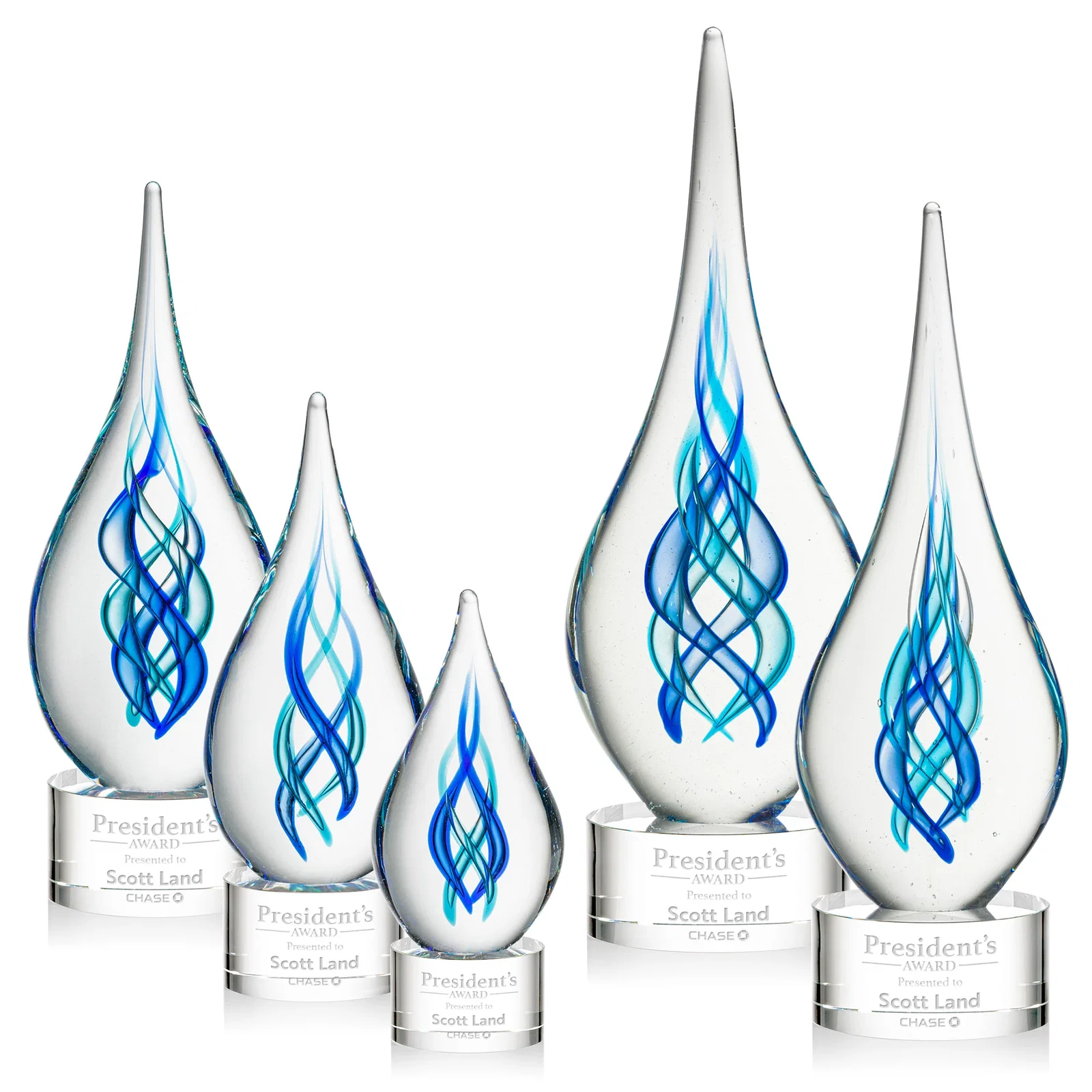Custom Blue Glass Helix Award on a Marvel Base for employee recognition