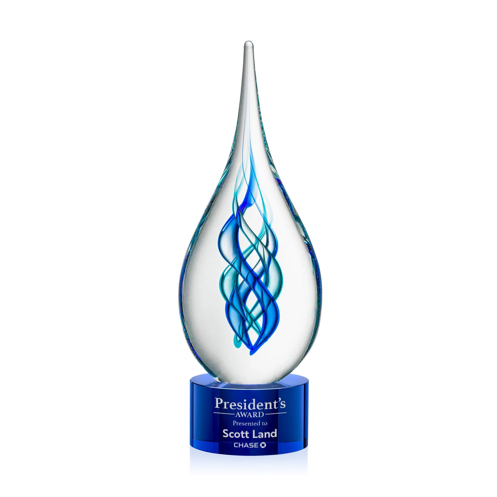Custom Blue Glass Helix Award on a Marvel Base for volunteer appreciation