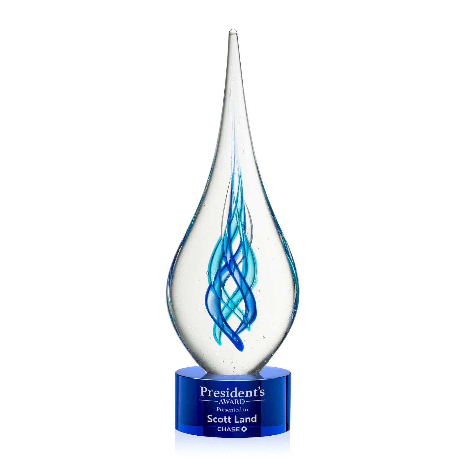 Custom Blue Glass Helix Award on a Marvel Base for dealer and partner awards
