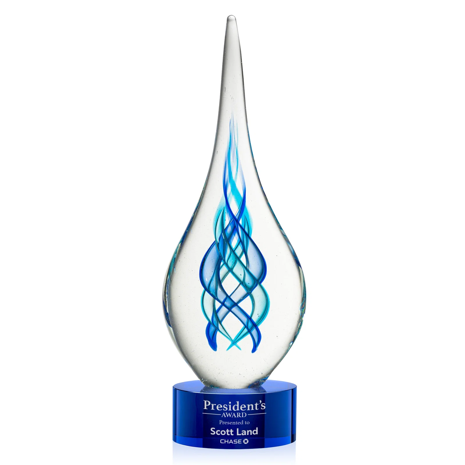 Custom Blue Glass Helix Award on a Marvel Base for company anniversary events