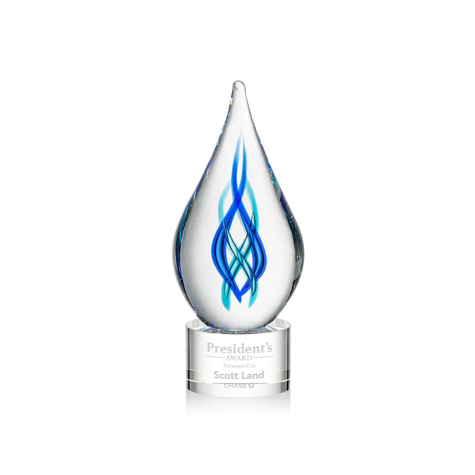 Custom Blue Glass Helix Award on a Marvel Base for corporate award ceremonies