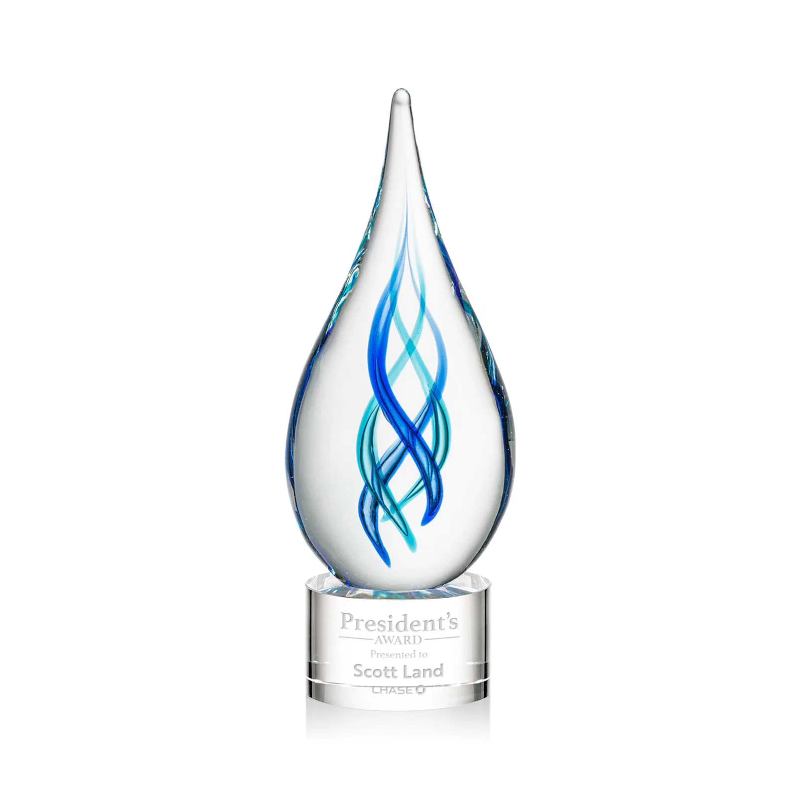Custom Blue Glass Helix Award on a Marvel Base for service anniversary gifts