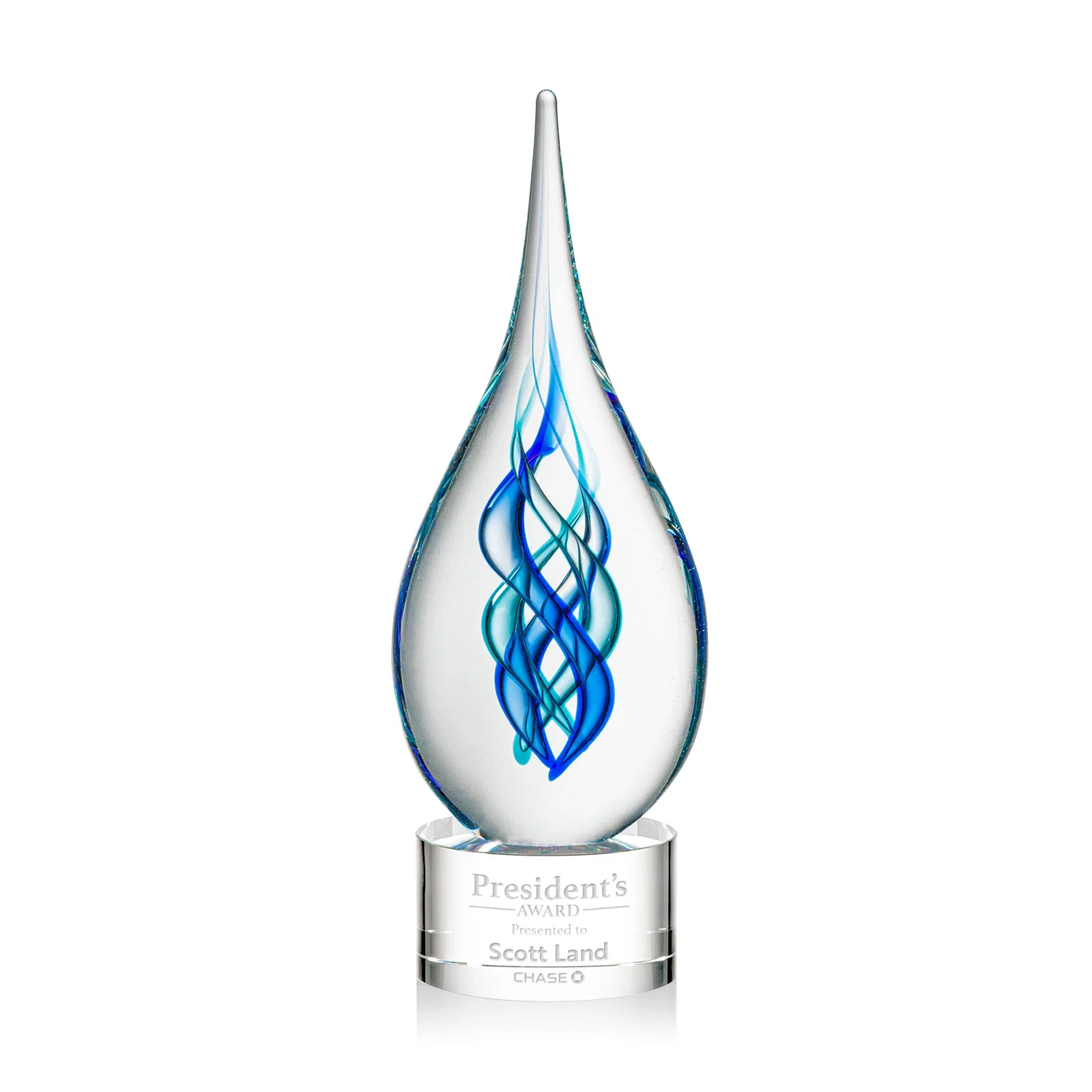 Custom Blue Glass Helix Award on a Marvel Base for sales achievement awards
