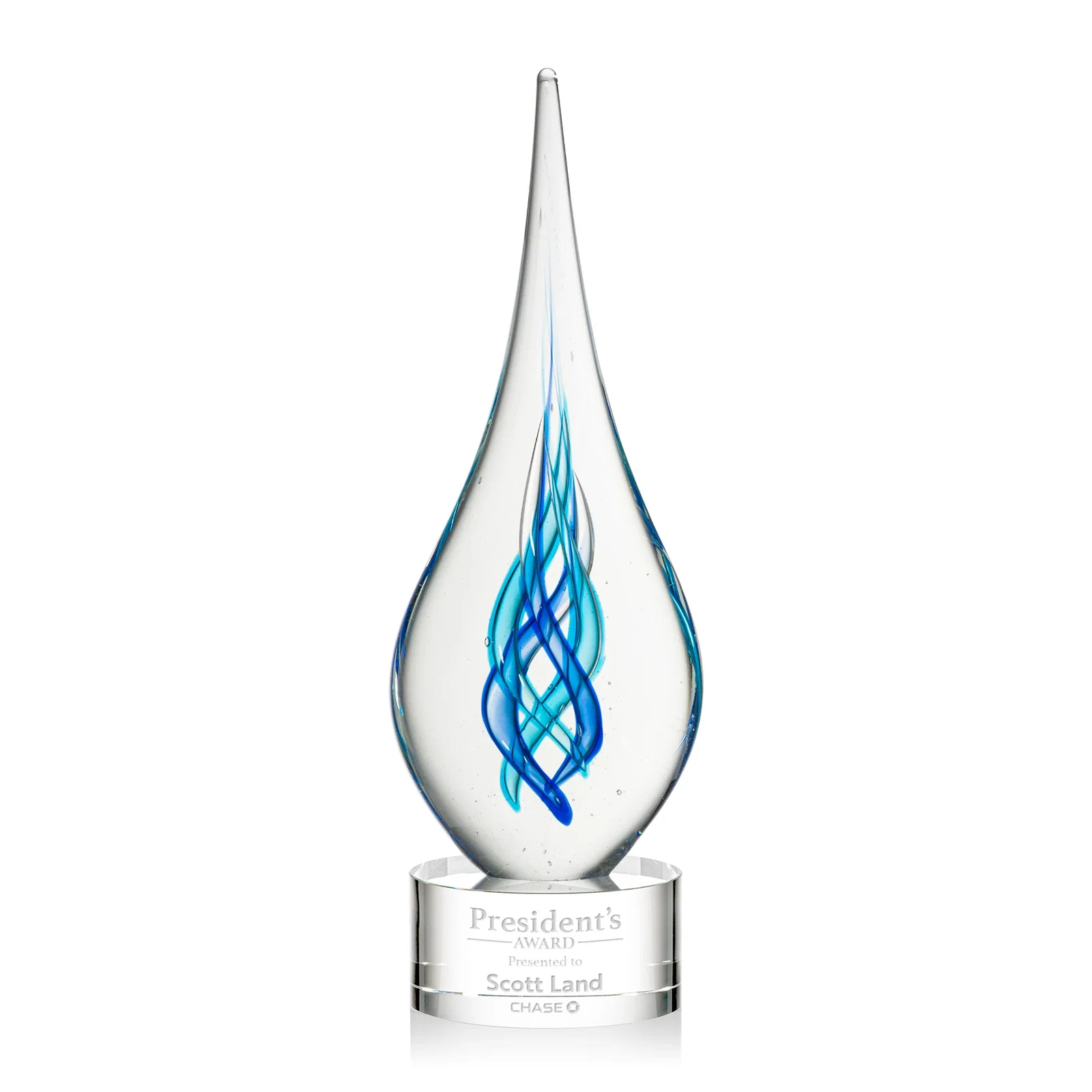 Custom Blue Glass Helix Award on a Marvel Base for retirement presentations