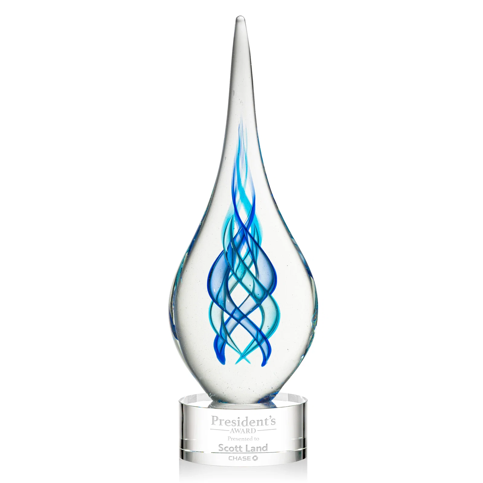 Custom Blue Glass Helix Award on a Marvel Base for team milestone celebrations