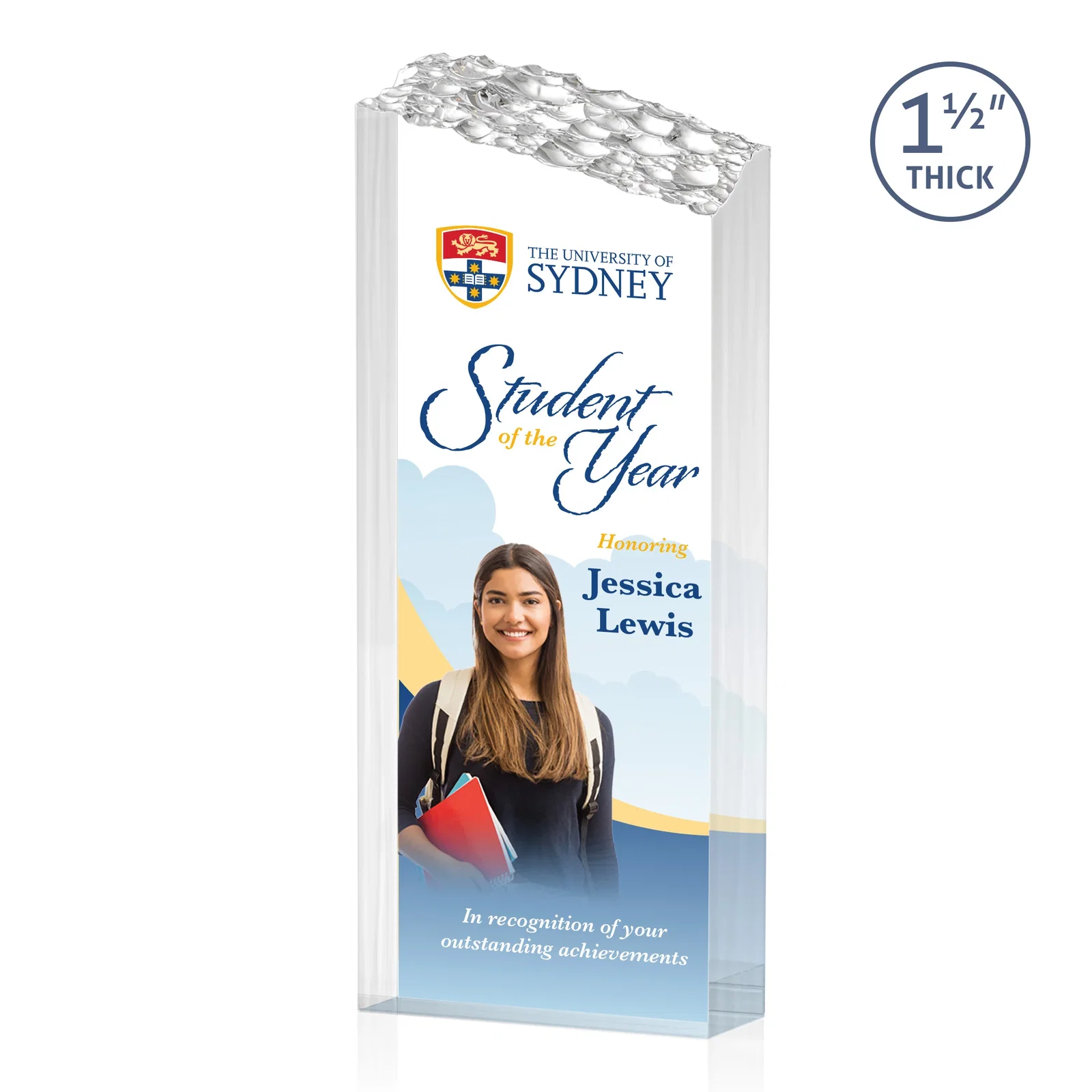 Custom Acrylic Tower Award With Slanted Mountain-Texture Top for graduation ceremonies