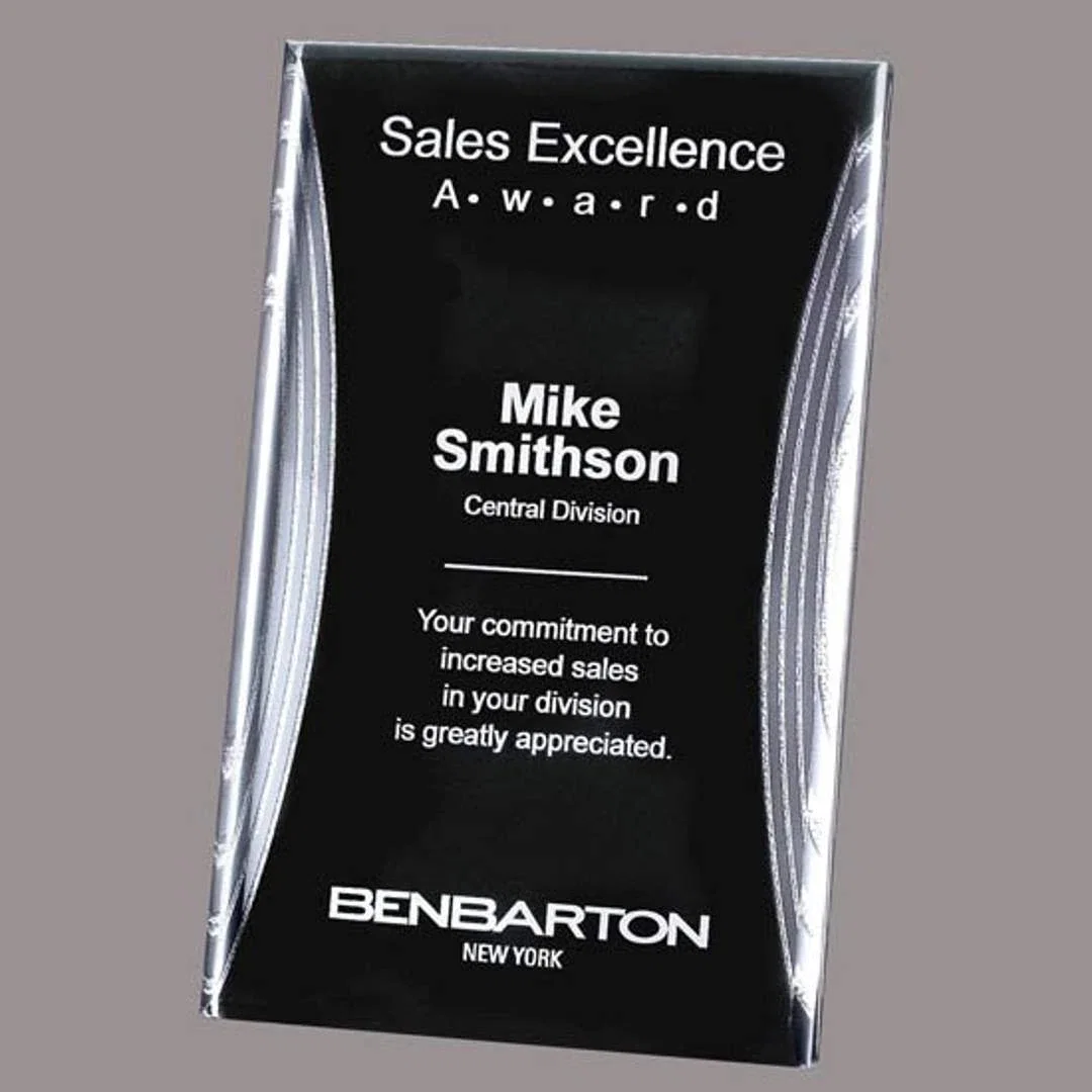Custom Curved Acrylic Award with Black Face and Metallic Edge Trim for employee recognition