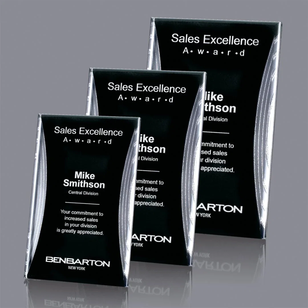 Custom Curved Acrylic Award with Black Face and Metallic Edge Trim for corporate award ceremonies