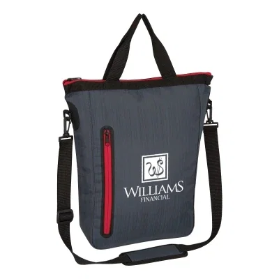 Slate water-resistant tote with a colored zipper closure