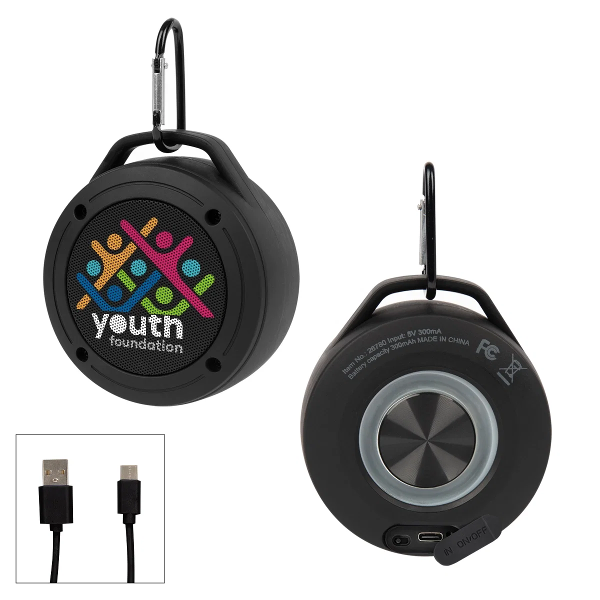 Round water resistant speaker with a carabiner clip, three inches across
