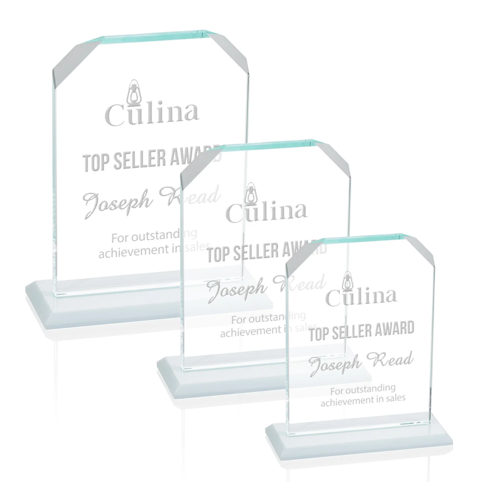 Custom Starfire Crystal Award with White Base, Fixed 8 Inch Height, awards for employee recognition