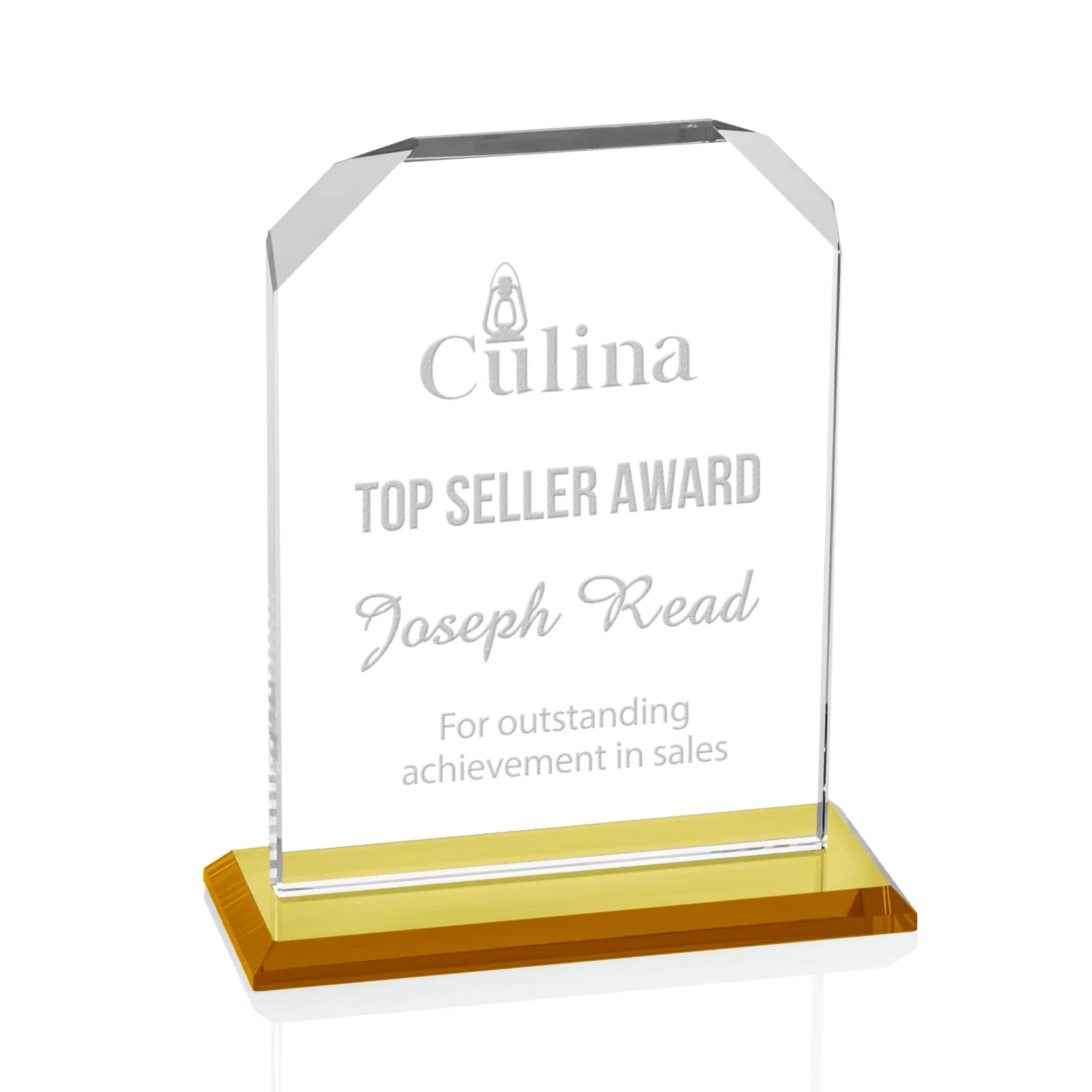Custom Starfire Crystal Award with White Base, Fixed 8 Inch Height, awards for dealer and partner awards