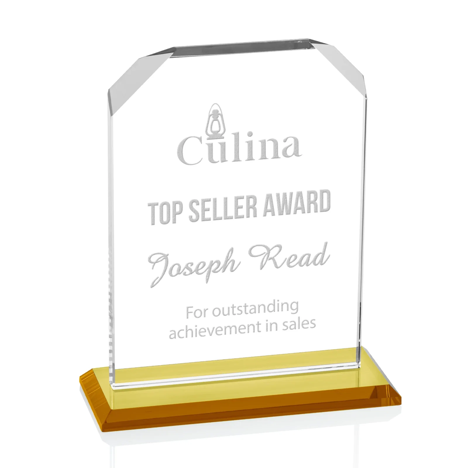 Custom Starfire Crystal Award with White Base, Fixed 8 Inch Height, awards for company anniversary events