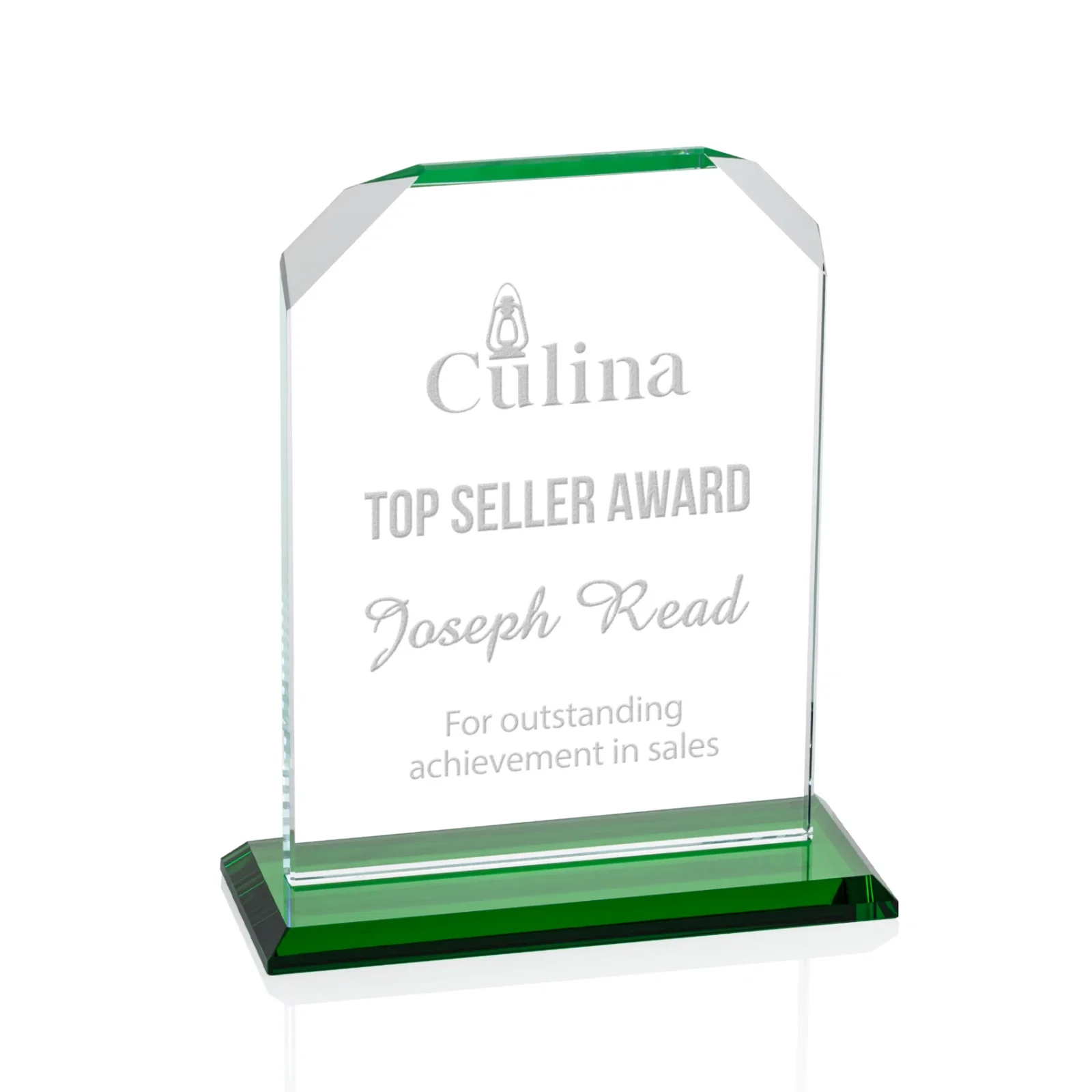 Personalized Starfire Crystal Award with White Base, Fixed 8 Inch Height, awards for corporate award ceremonies