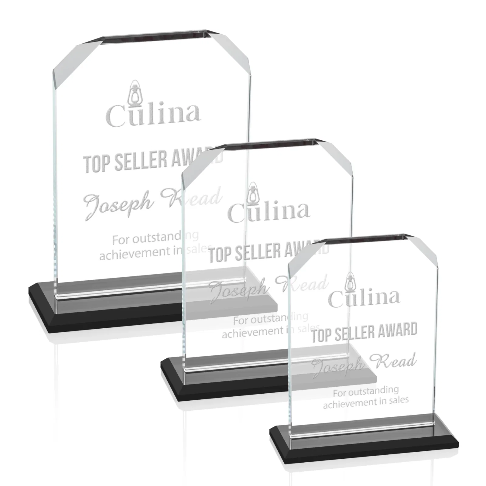 Personalized Starfire Crystal Award with White Base, Fixed 8 Inch Height, awards for retirement presentations